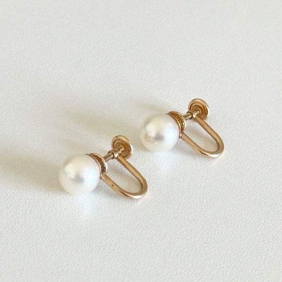 14K Solid Yellow Gold Genuine 7.5MM Pearl Vintage Screw Back Ladies Earrings - Picture 3 of 9